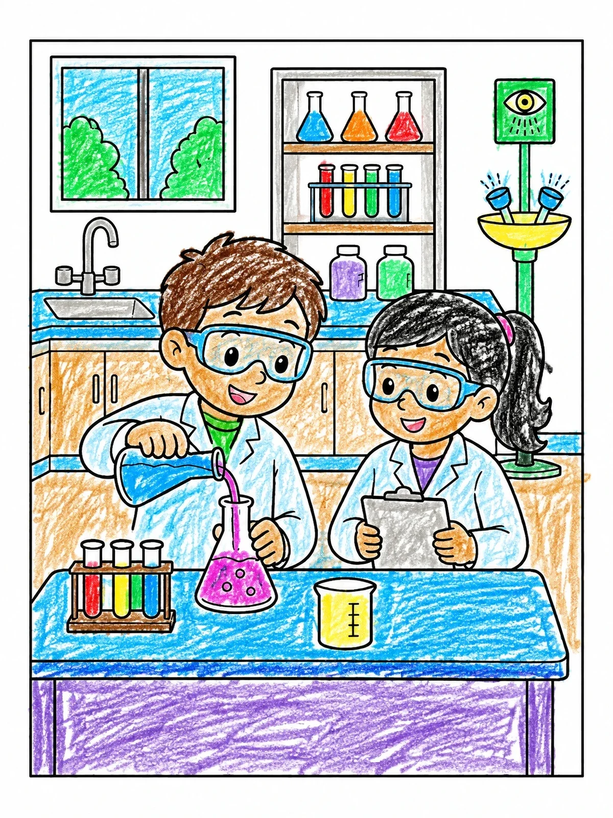 Colored example of the Young Scientists In The Laboratory coloring page