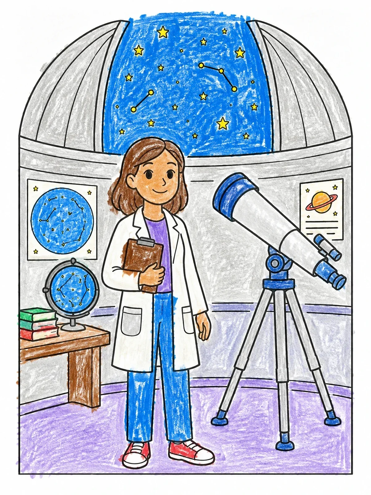 Colored example of the Astronomer In An Observatory Dome coloring page