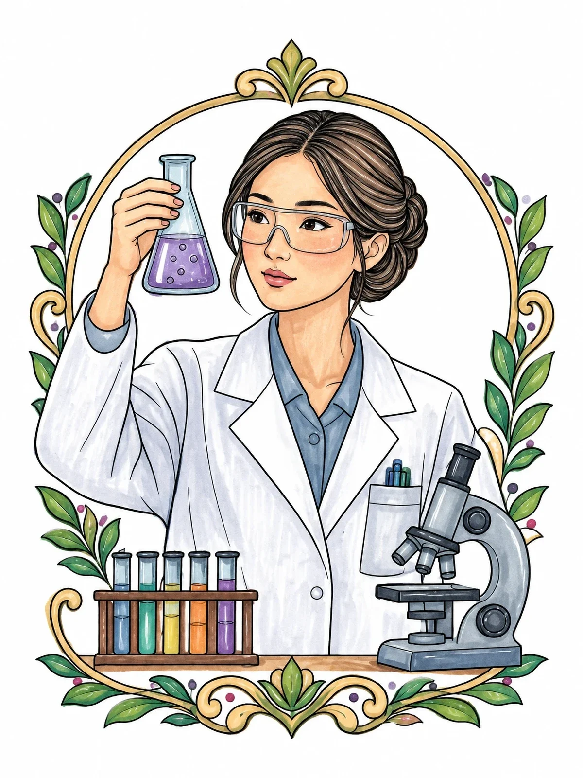 Colored example of the Female Chemist Examining Flask coloring page