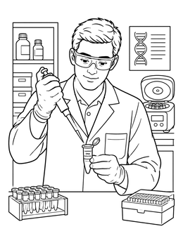 A scientist works in a lab on this dna coloring page with a micropipette and centrifuge.