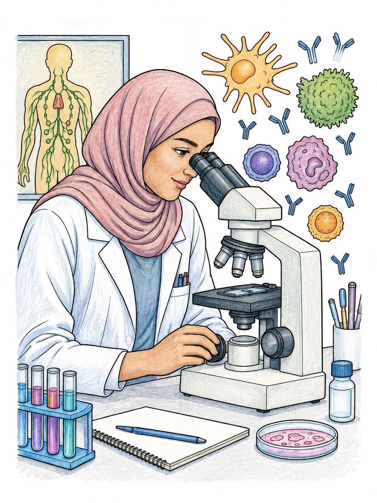 Colored example of the Scientist Studying Immunology With Microscope coloring page