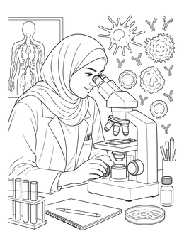 A scientist examining cells on this detailed immune system coloring page.