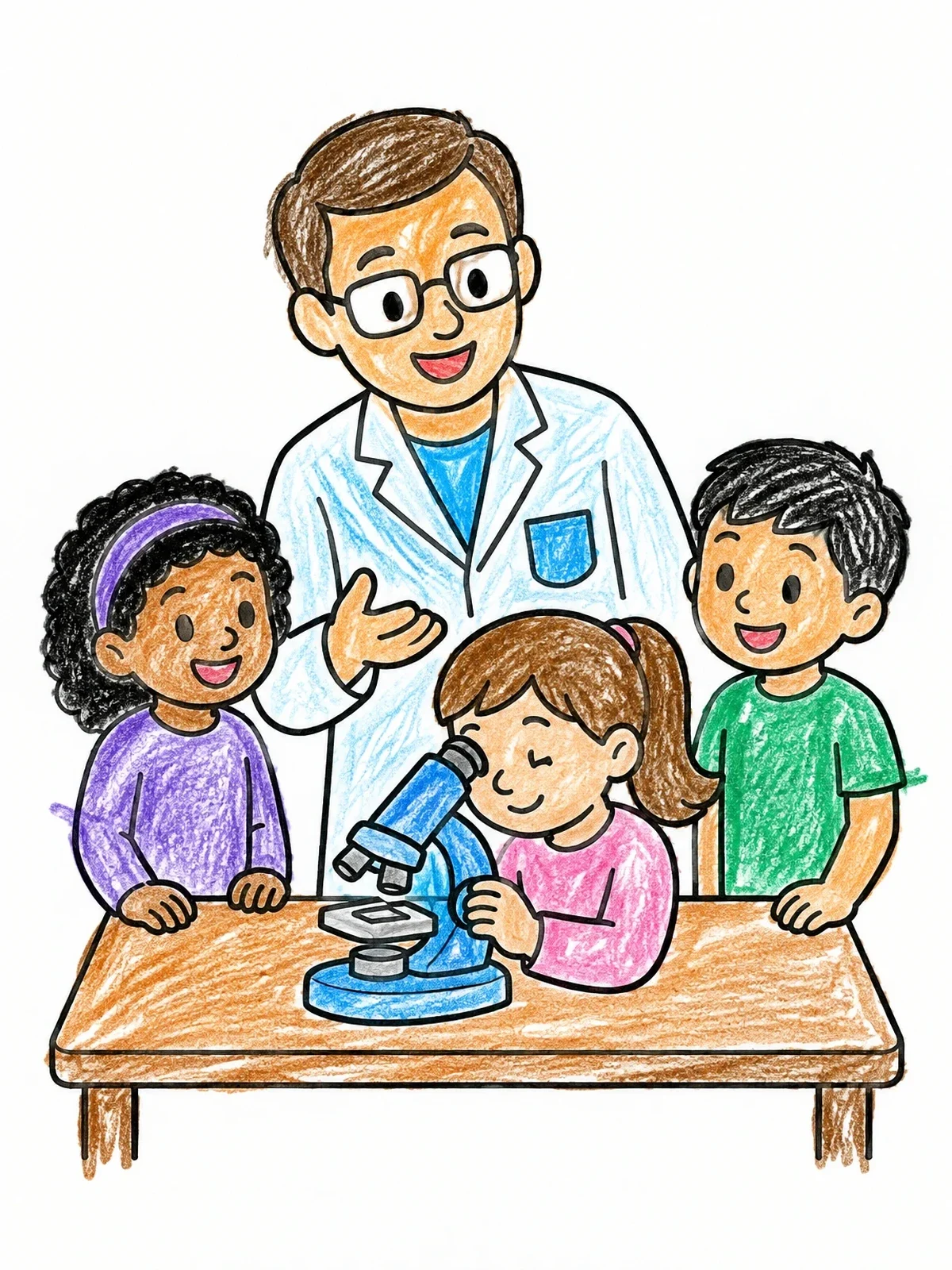 Colored example of the Scientist Teaching Kids At Microscope coloring page