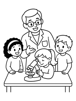 Free printable Scientist Teaching Kids At Microscope coloring page