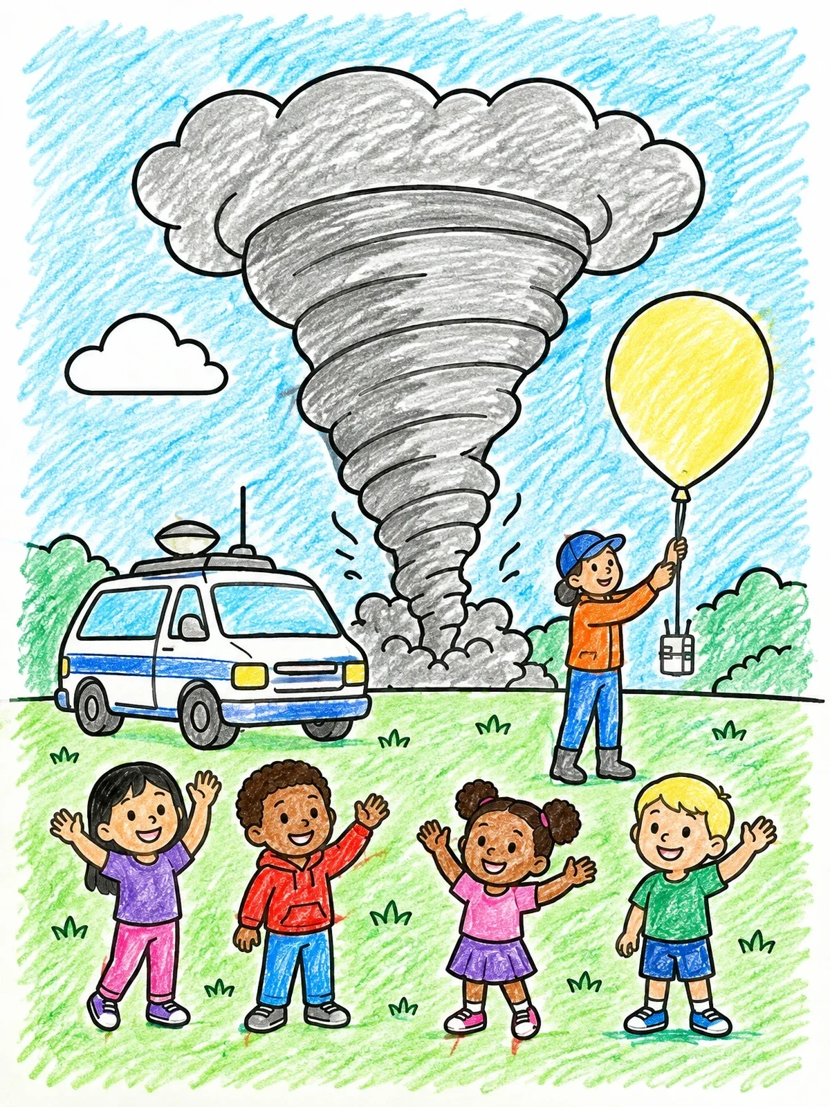 Colored example of the Storm Chaser Scientist And Cheerful Kids coloring page