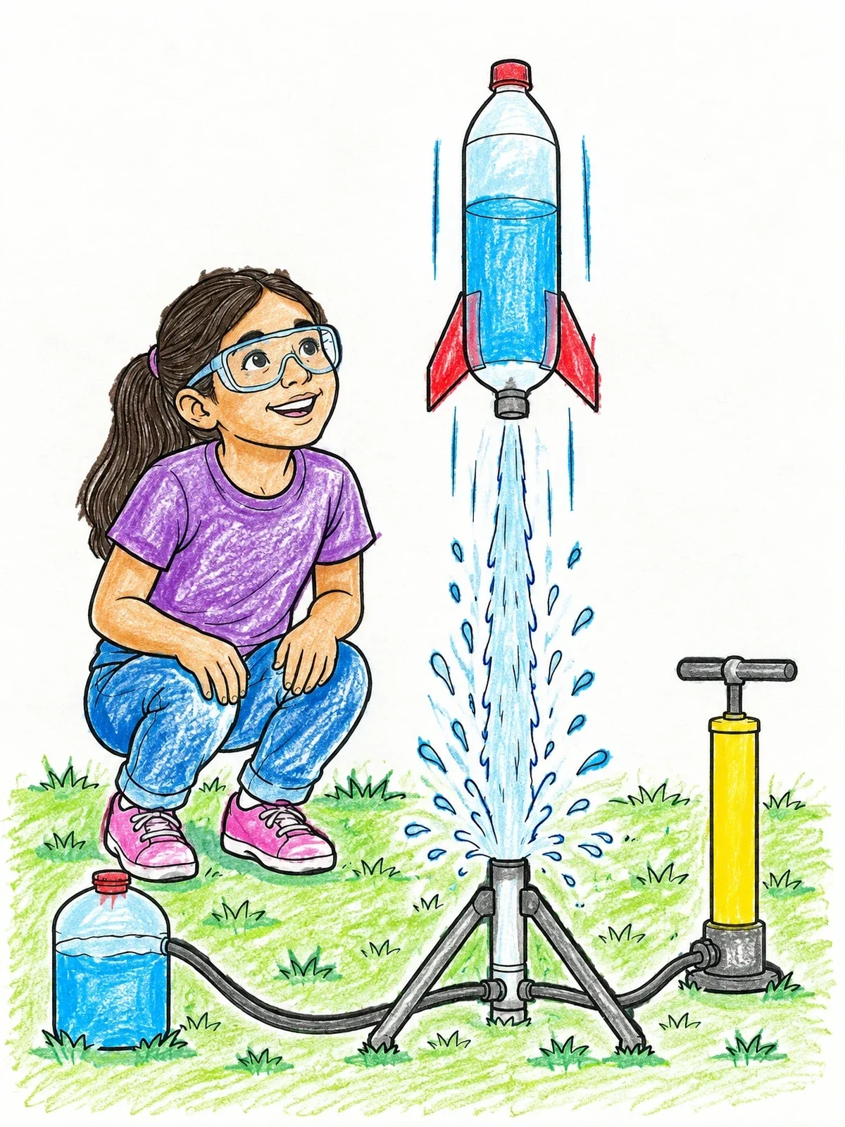 Colored example of the Young Girl Launching Water Rocket coloring page