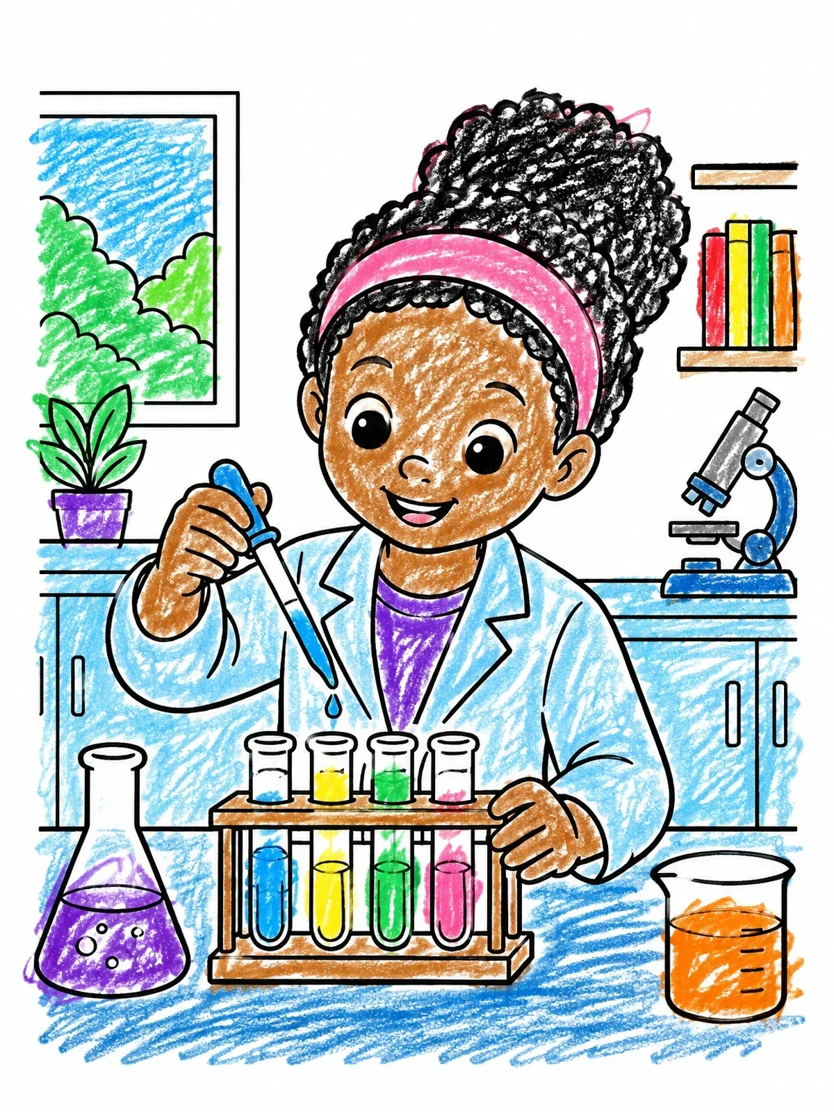 Colored example of the Young Girl Doing Science Experiment coloring page