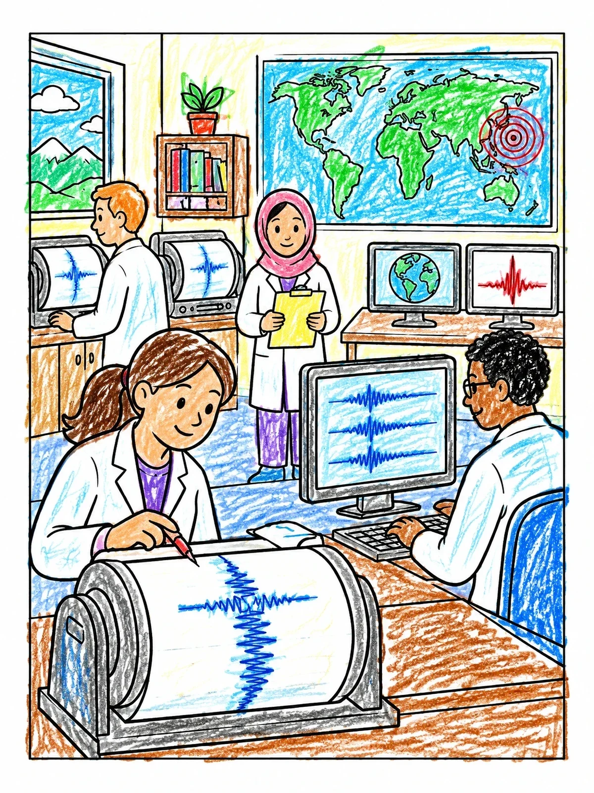 Colored example of the Scientists In Earthquake Seismology Lab coloring page