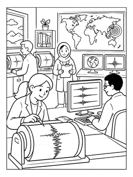 Free printable Scientists In Earthquake Seismology Lab coloring page