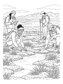 Free printable Scientists Studying Arctic Tundra Landscape coloring page