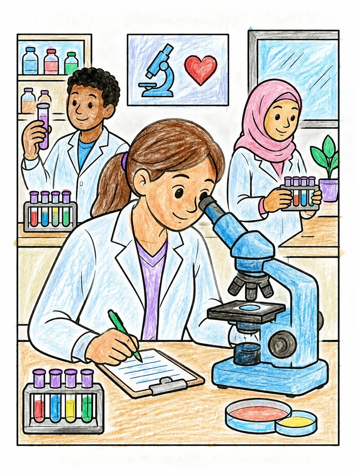 Colored example of the Scientists Working In Medical Laboratory coloring page