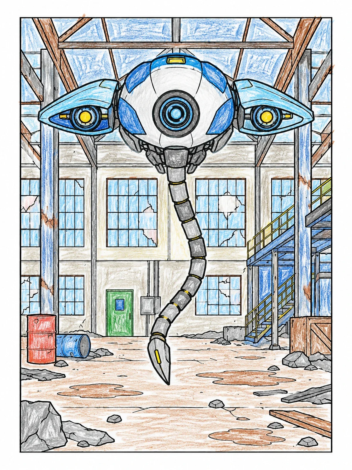 Colored example of the Sci Fi Drone In An Abandoned Factory coloring page