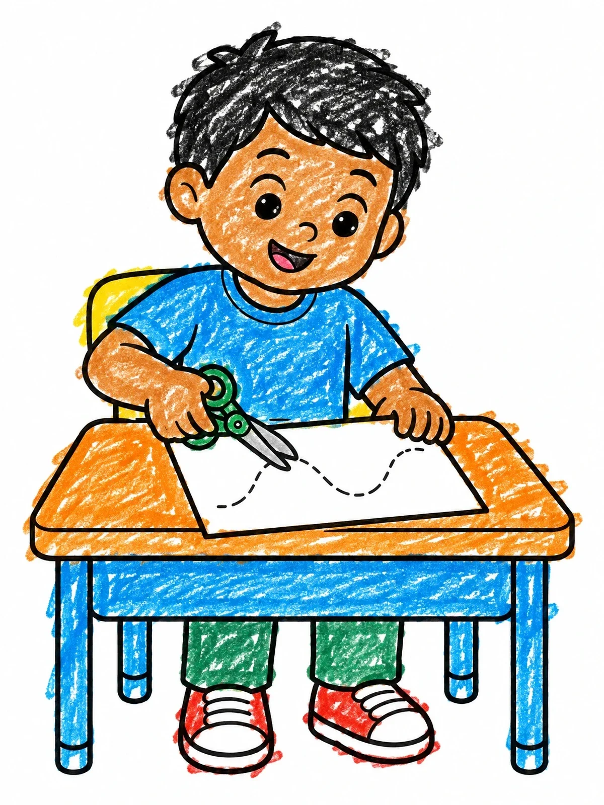 Colored example of the Boy Cutting Paper At Desk coloring page