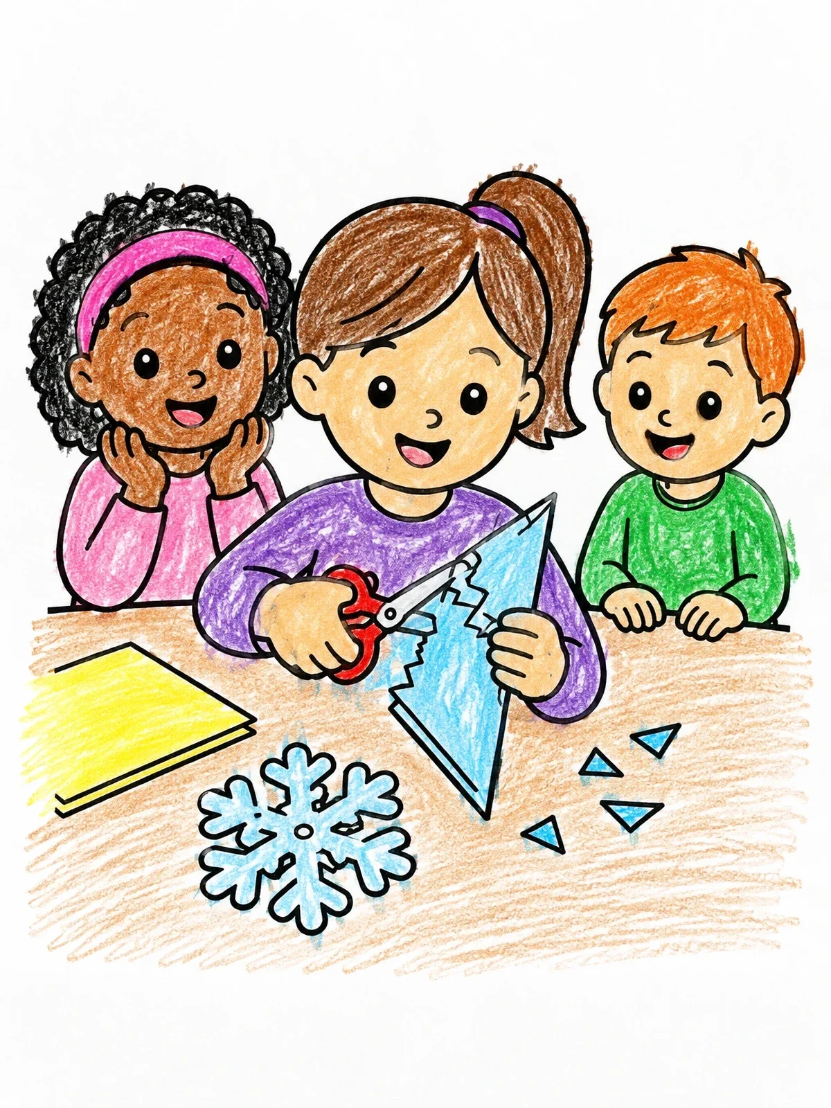 Colored example of the Children Cutting Paper Snowflakes coloring page