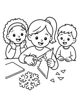 Free printable Children Cutting Paper Snowflakes coloring page