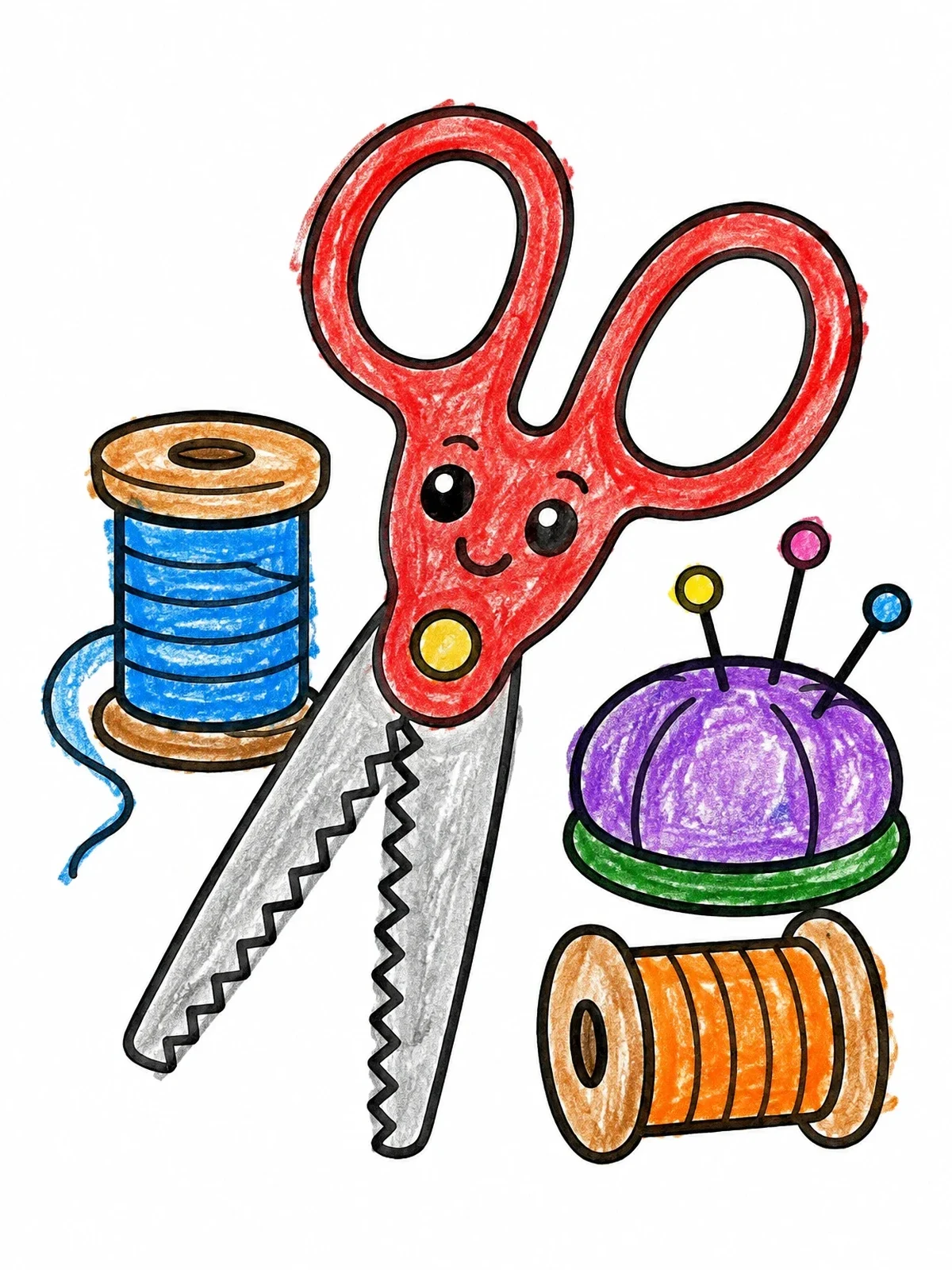 Colored example of the Cute Pinking Shears With Sewing Supplies coloring page