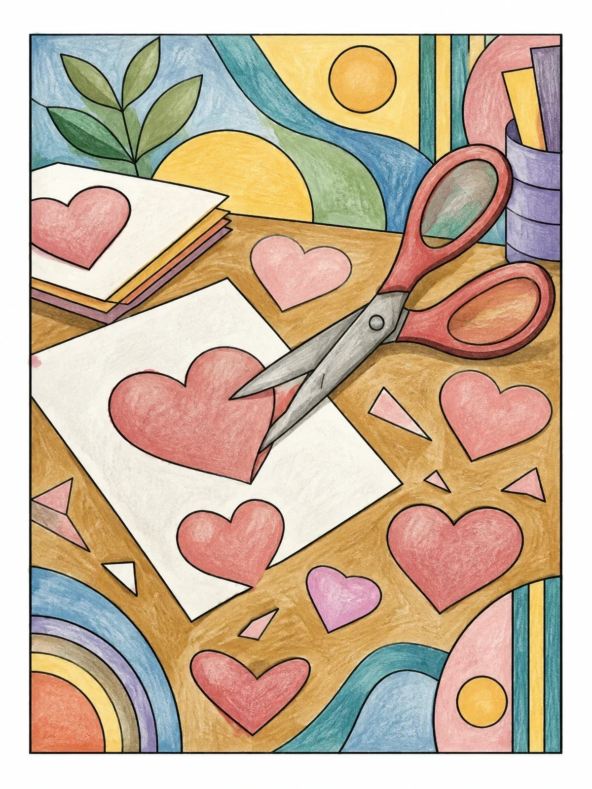 Colored example of the Scissors Cutting Paper Hearts coloring page