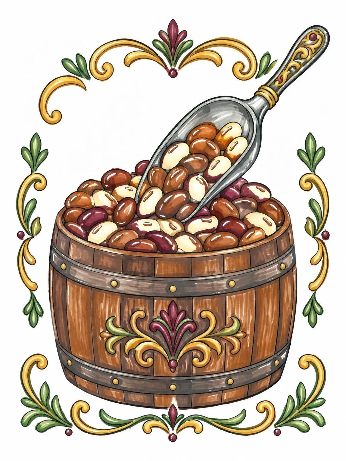 Colored example of the Scoop Of Beans In A Wooden Barrel coloring page