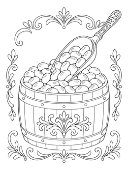 A decorative beans coloring page featuring a metal scoop lifting beans from an ornate wooden barrel.