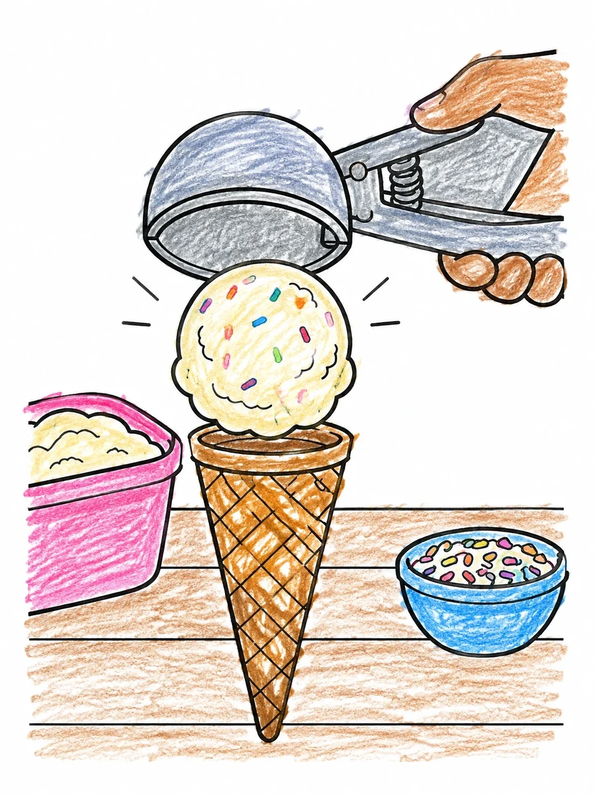Colored example of the Scooping Ice Cream Onto A Cone coloring page