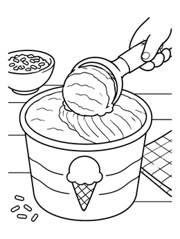 A hand using a tool in this ice cream scoops coloring page to serve fresh ice cream from a tub.