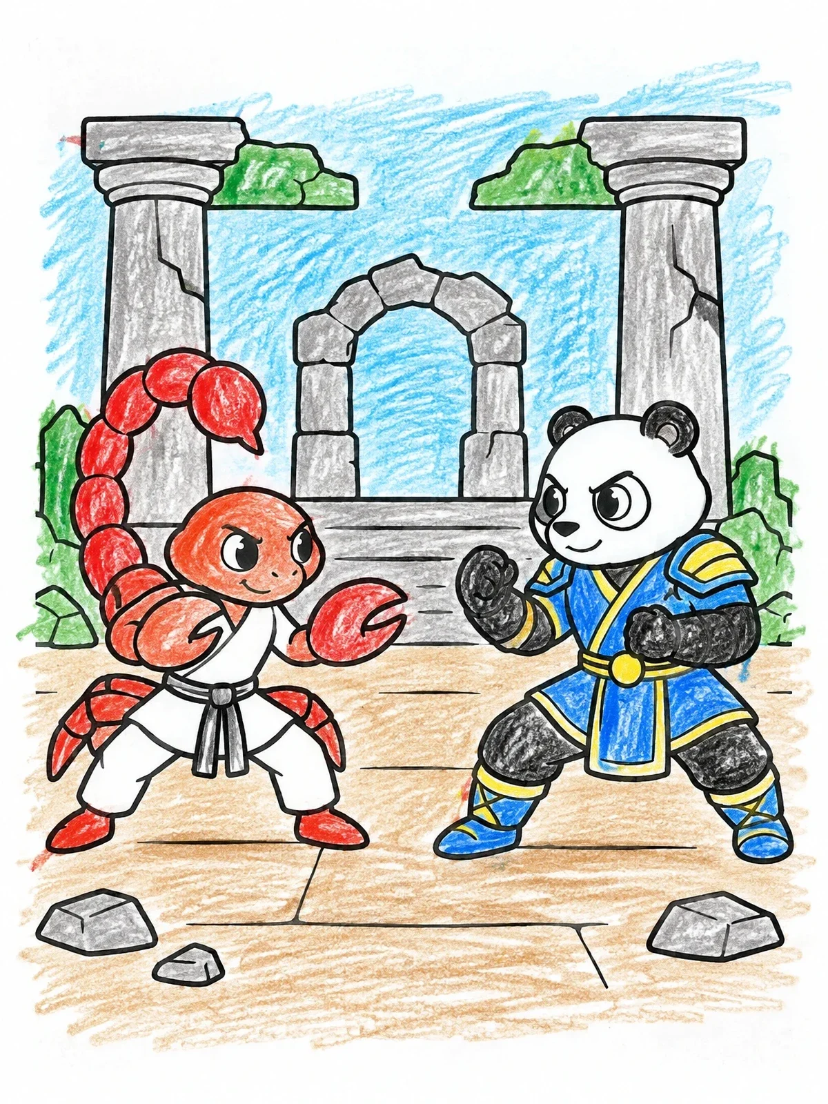 Colored example of the Scorpion And Panda Martial Arts Duel coloring page