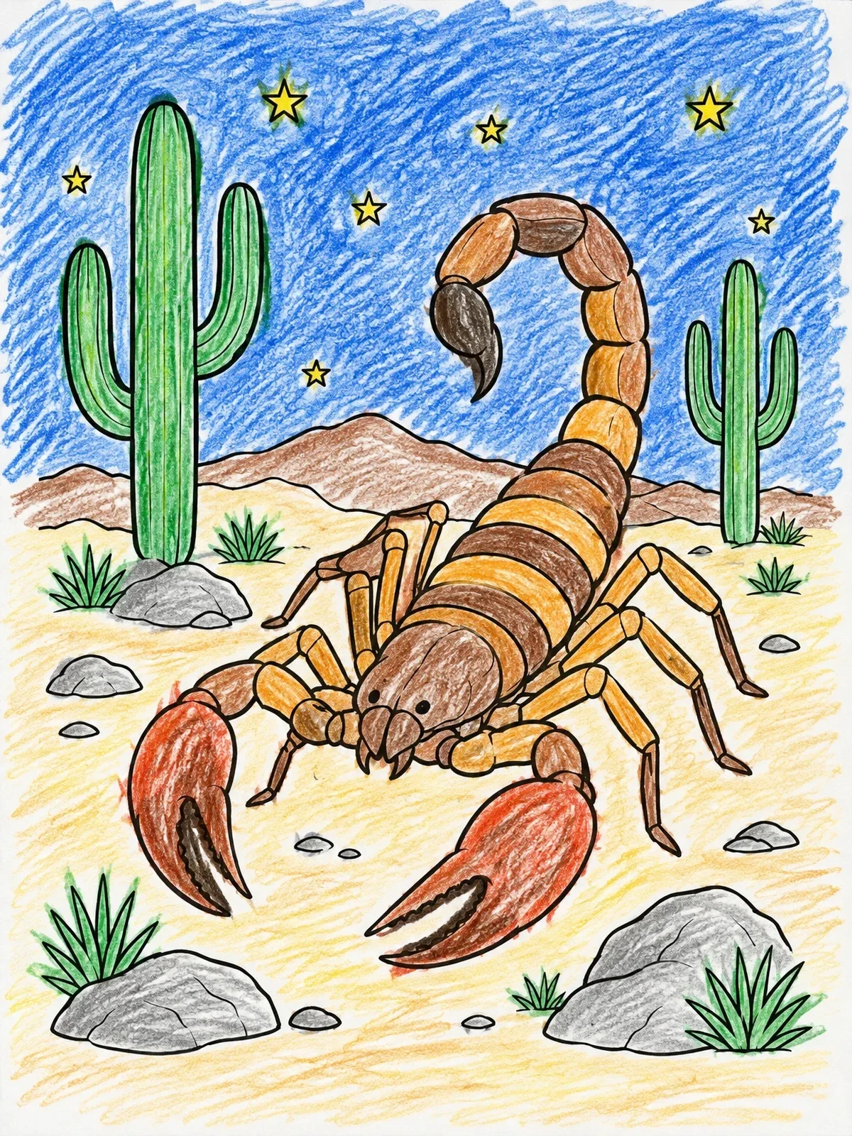 Colored example of the Scorpion In Desert Night Landscape coloring page