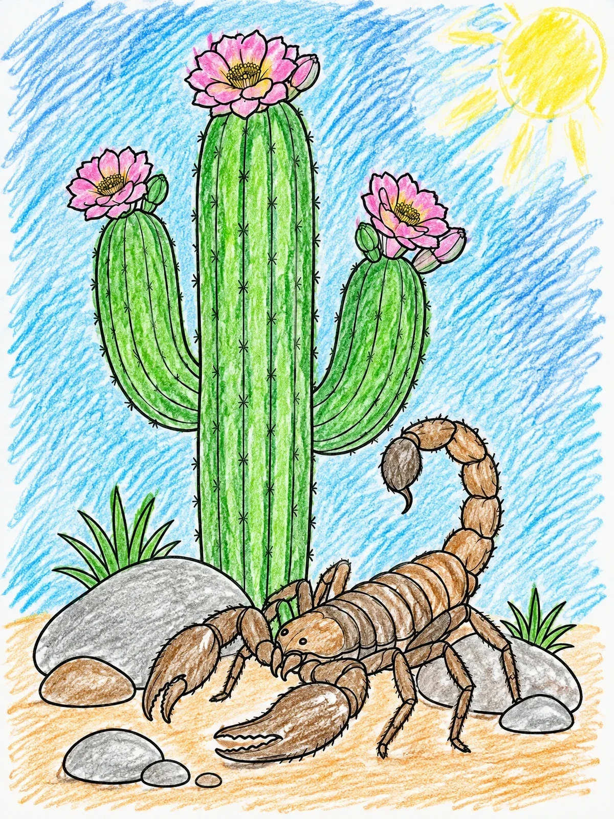 Colored example of the Scorpion By Flowering Saguaro Cactus coloring page