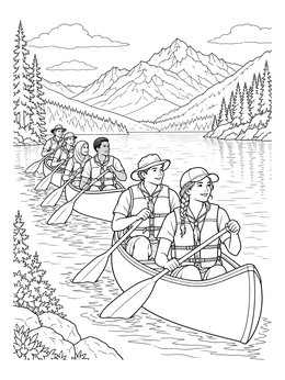 Youth scouts row boats in this scenic canoeing coloring page with majestic mountains.