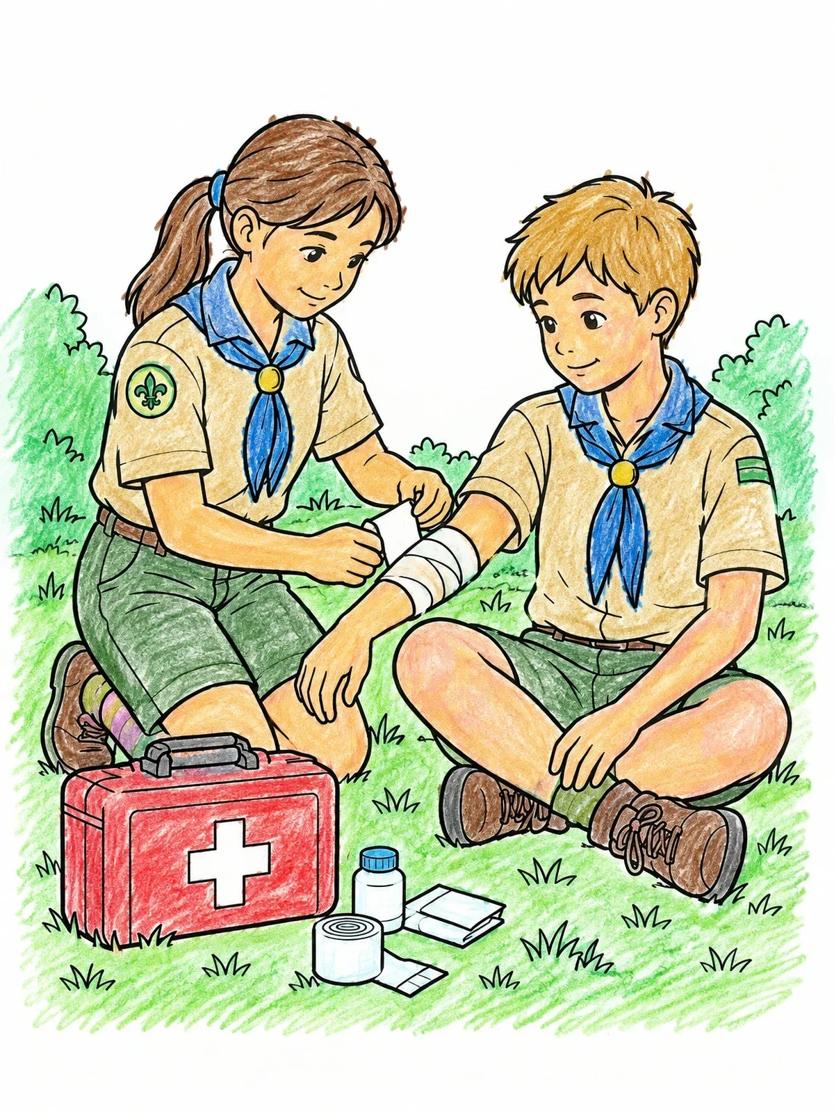 Colored example of the Scouts Practicing First Aid Outdoors coloring page