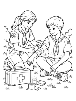 Free printable Scouts Practicing First Aid Outdoors coloring page
