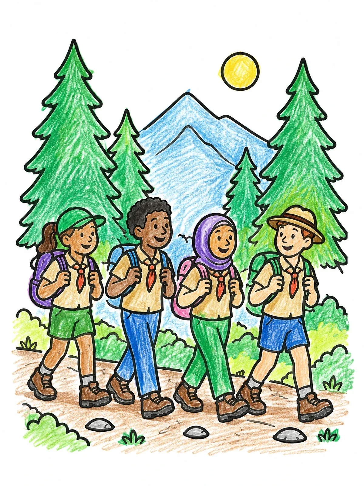 Colored example of the Scouts Walking On Forest Trail coloring page