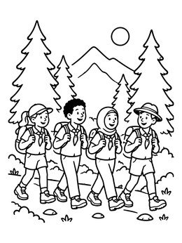 Free printable Scouts Walking On Forest Trail coloring page