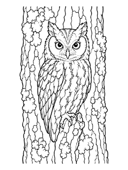 A detailed owl coloring page featuring an eastern screech owl perched on a textured tree trunk.