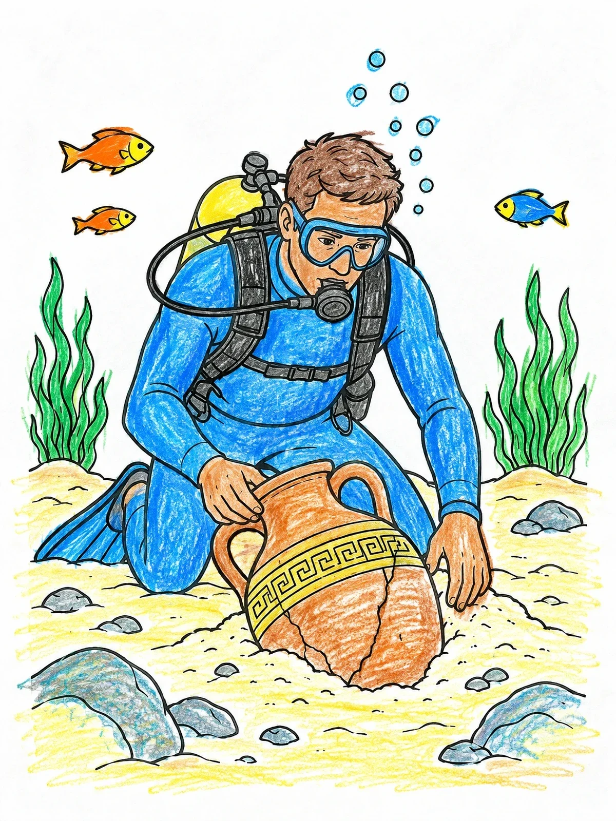Colored example of the Scuba Diver Discovering Ancient Amphora coloring page
