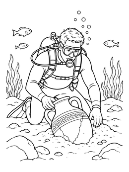 Free printable Scuba Diver Discovering Ancient Amphora coloring page