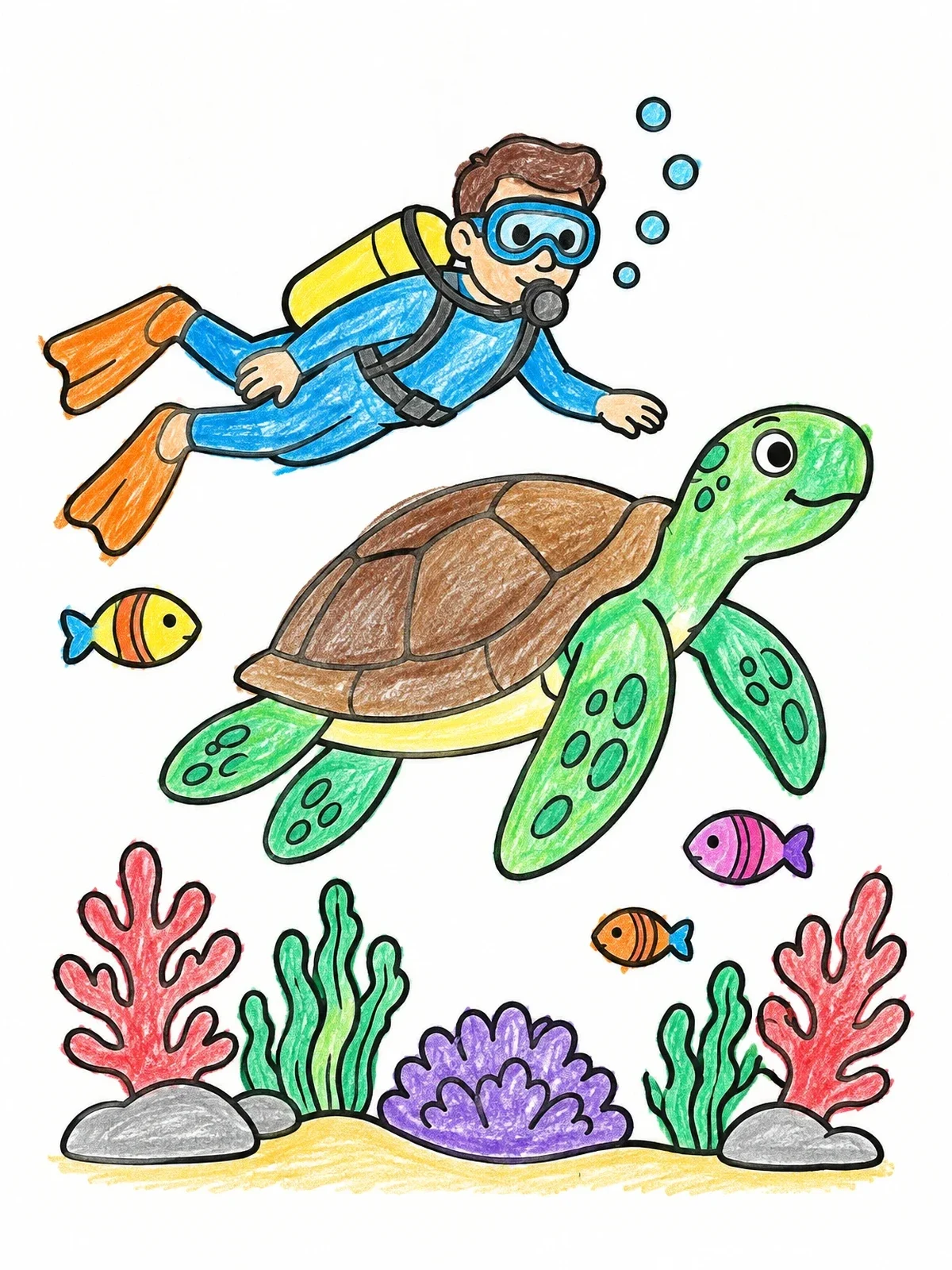 Colored example of the Scuba Diver And Sea Turtle coloring page