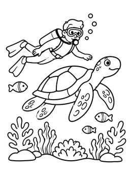 Free printable Scuba Diver And Sea Turtle coloring page