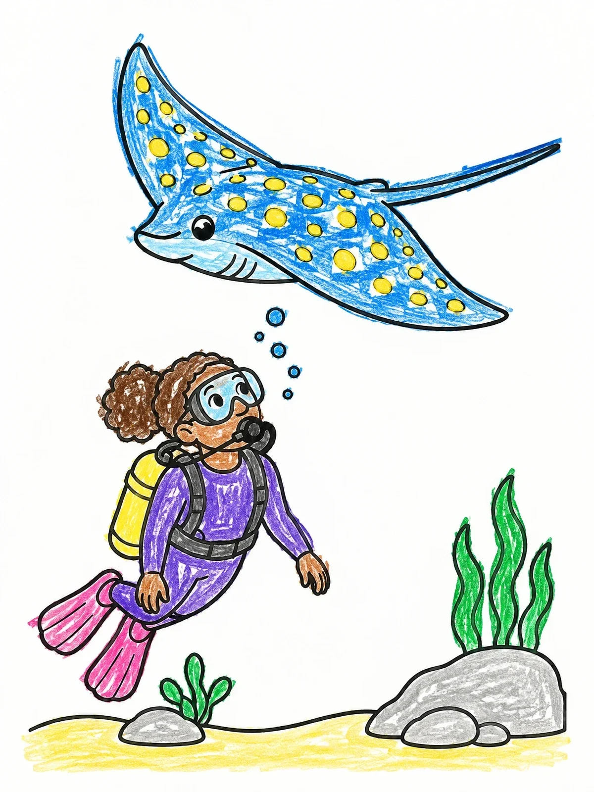 Colored example of the Scuba Diver And Spotted Eagle Ray coloring page