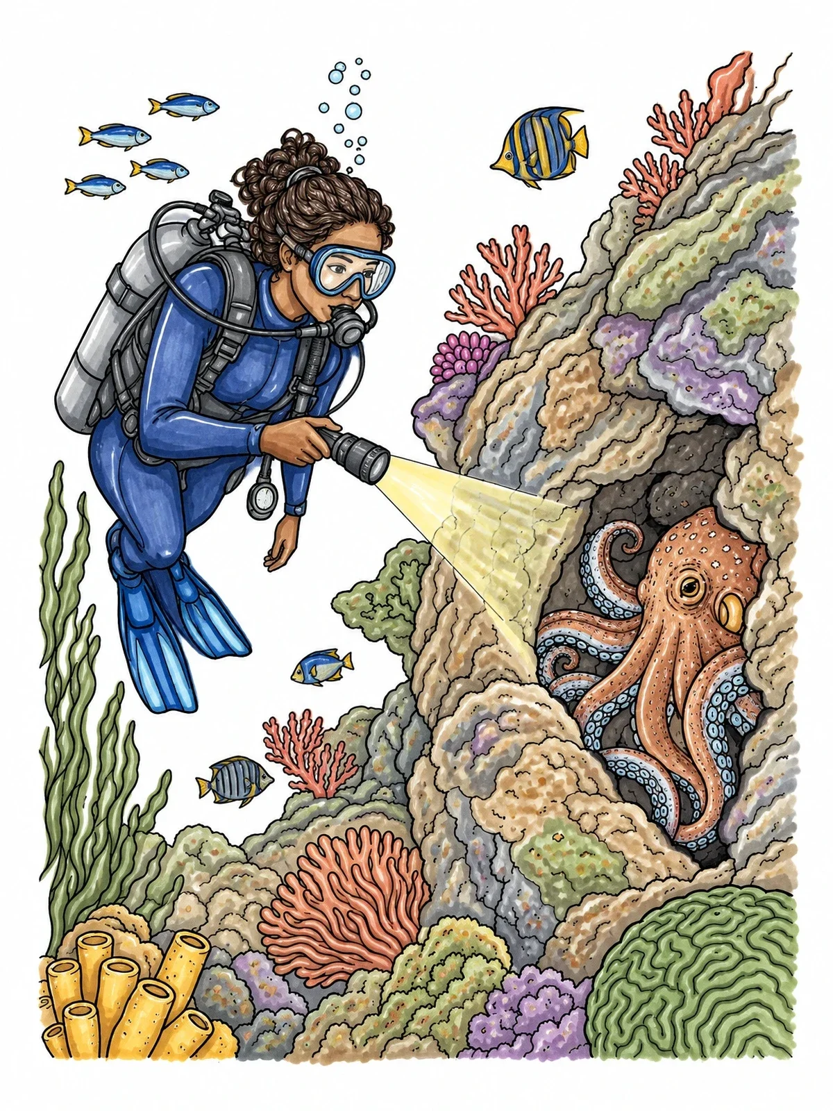 Colored example of the Scuba Diver Discovering An Octopus coloring page