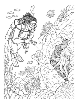 Free printable Scuba Diver Discovering An Octopus coloring page