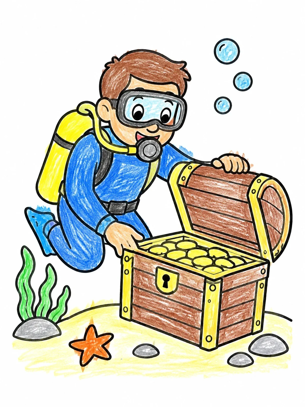 Colored example of the Scuba Diver Finding Treasure Chest coloring page