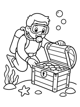 Free printable Scuba Diver Finding Treasure Chest coloring page