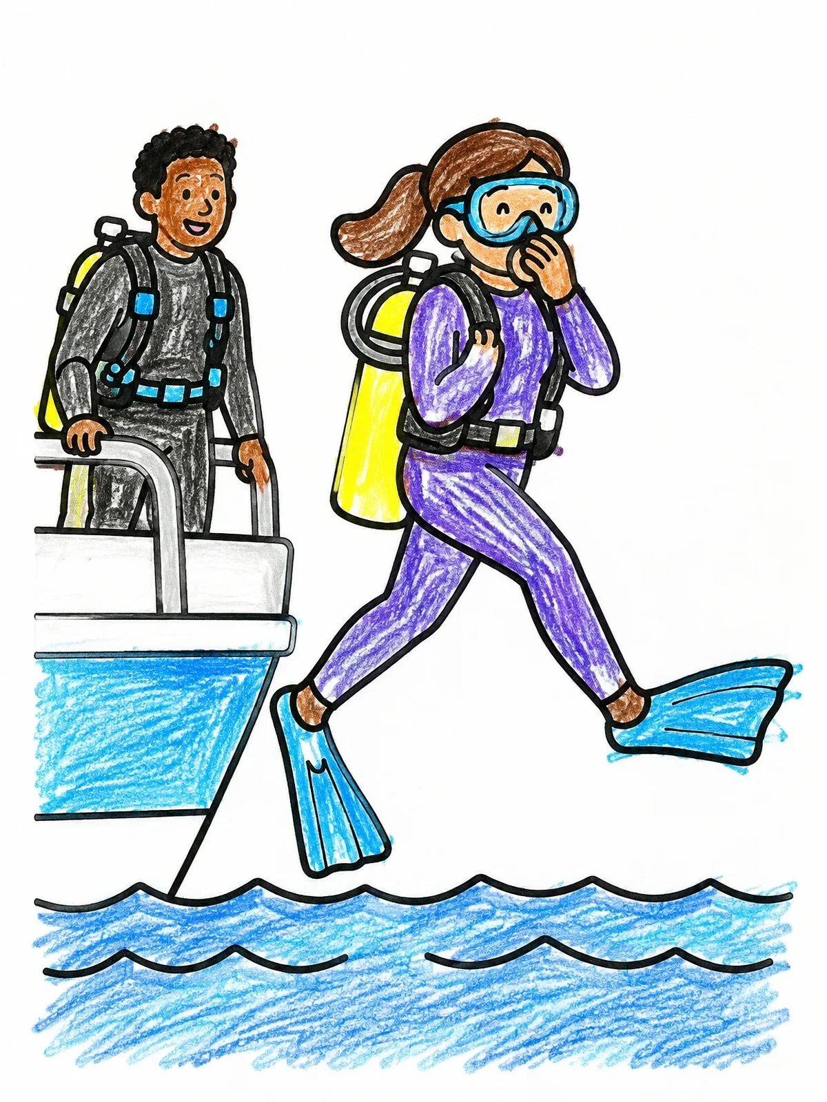 Colored example of the Scuba Diver Giant Stride Entry coloring page