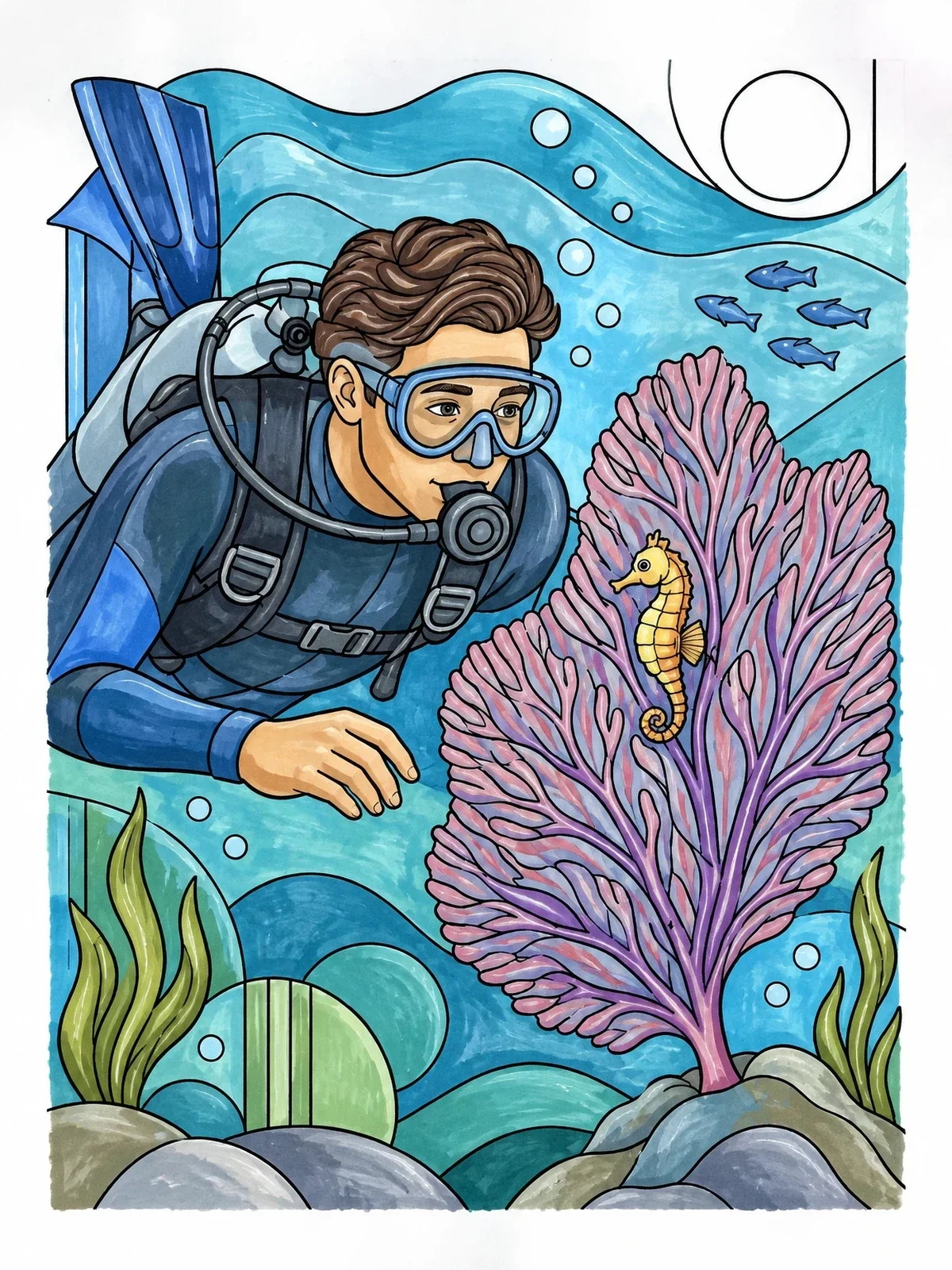 Colored example of the Scuba Diver Observing A Seahorse coloring page
