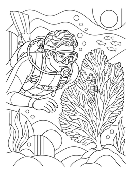 Free printable Scuba Diver Observing A Seahorse coloring page