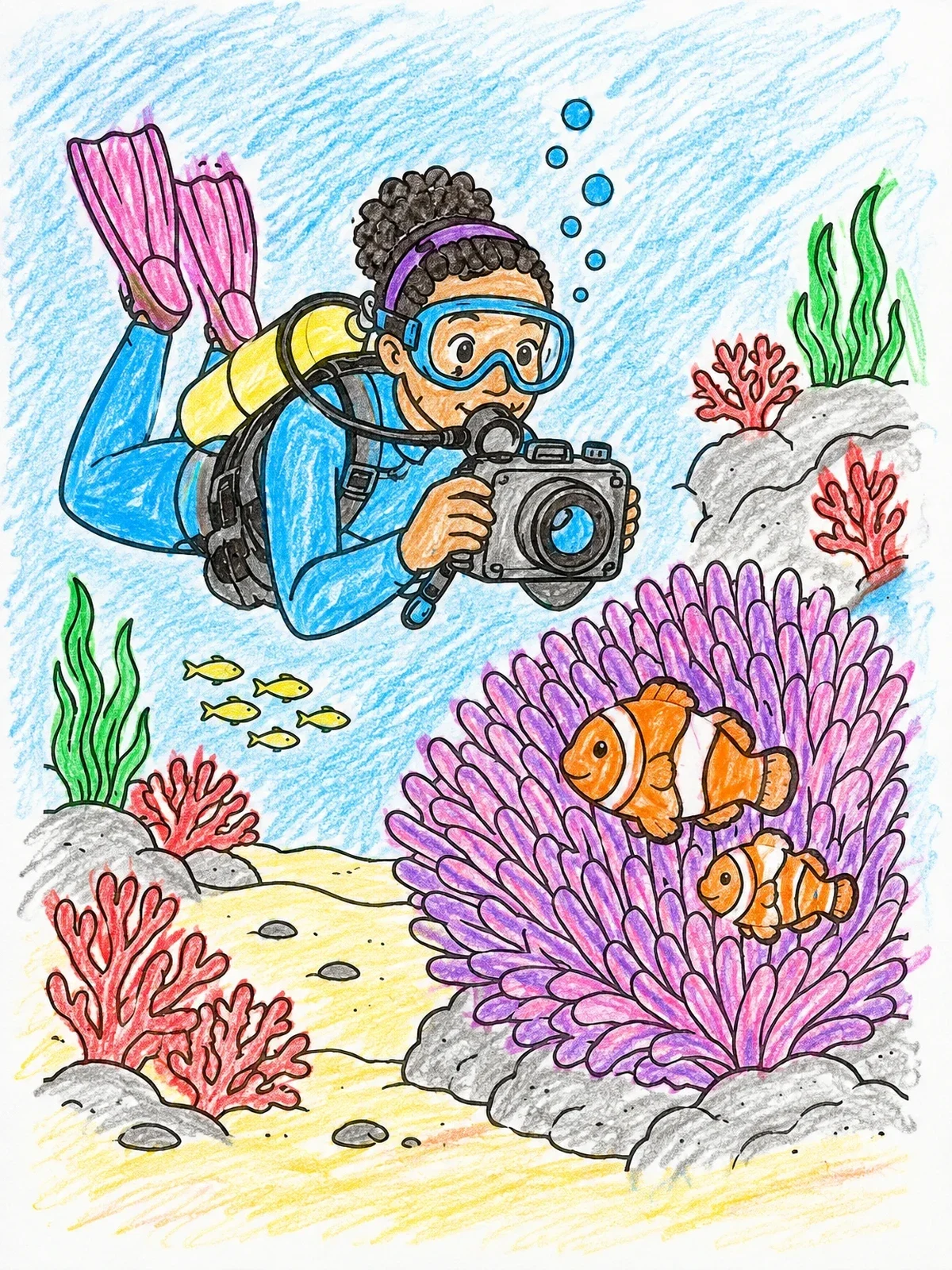Colored example of the Scuba Diver Photographing Clownfish coloring page