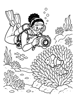 Free printable Scuba Diver Photographing Clownfish coloring page