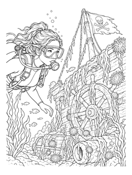 A diver inspects an underwater wreck on this pirate ship coloring page.