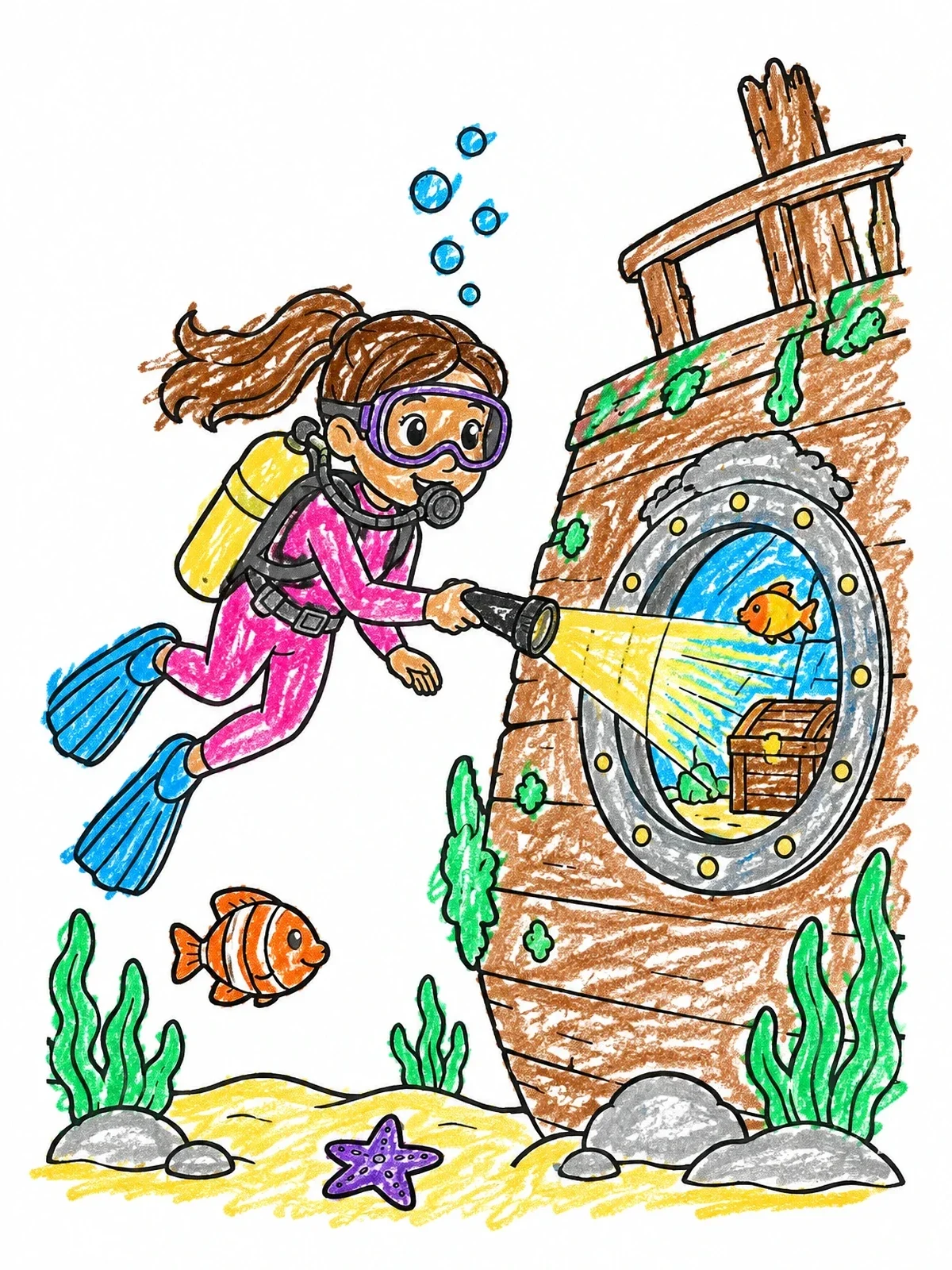 Colored example of the Young Diver Exploring Shipwreck Porthole coloring page